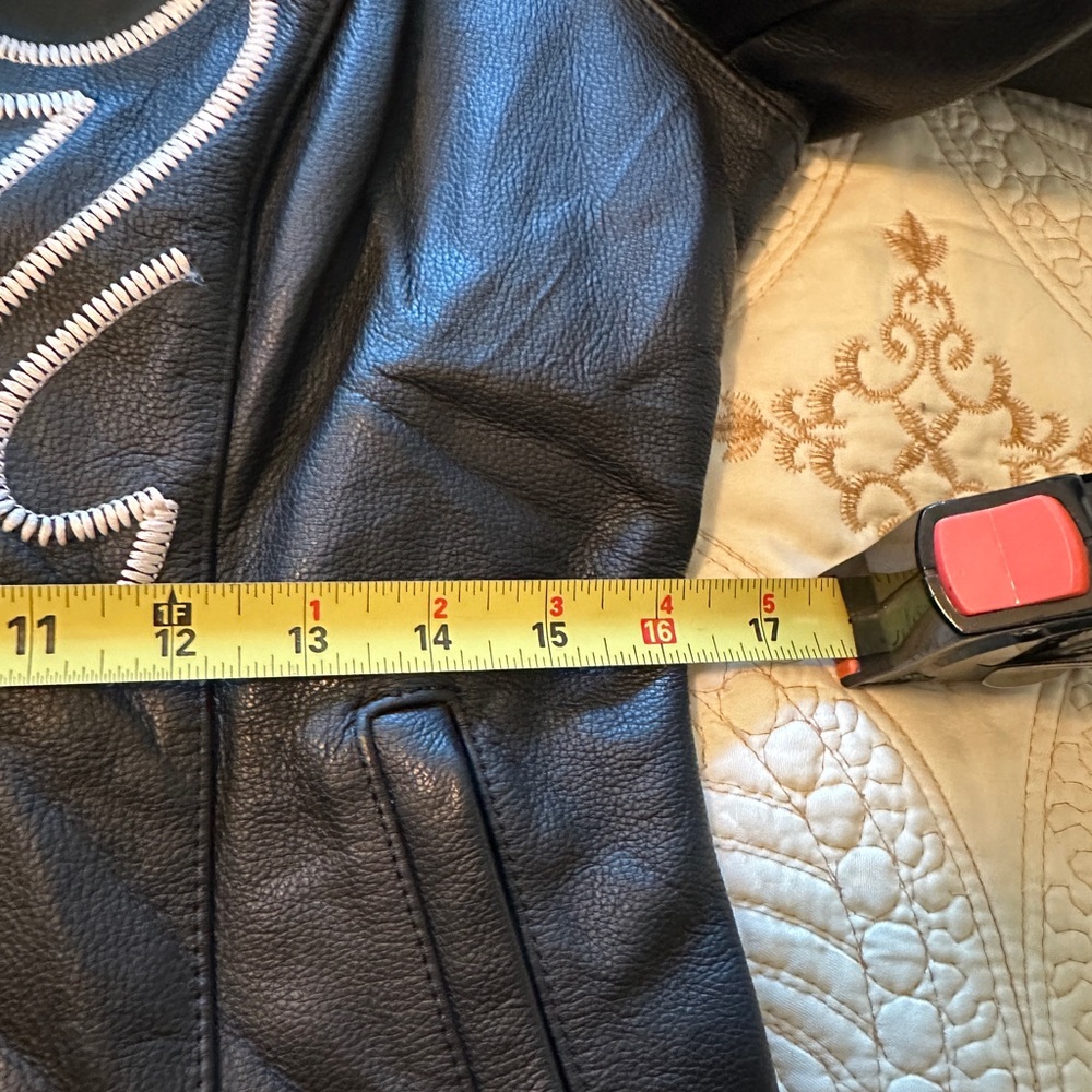 Pure Victory Black Leather Jacket with White embroidered Detailing - Picture 15 of 16